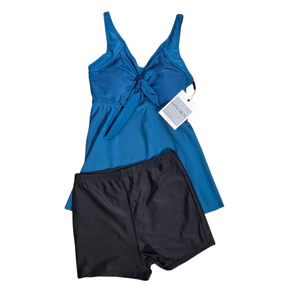 NWT Hanna Nikole Blue Bow Knot Tummy Control Tankini Swimsuit & Shorts Set Small
